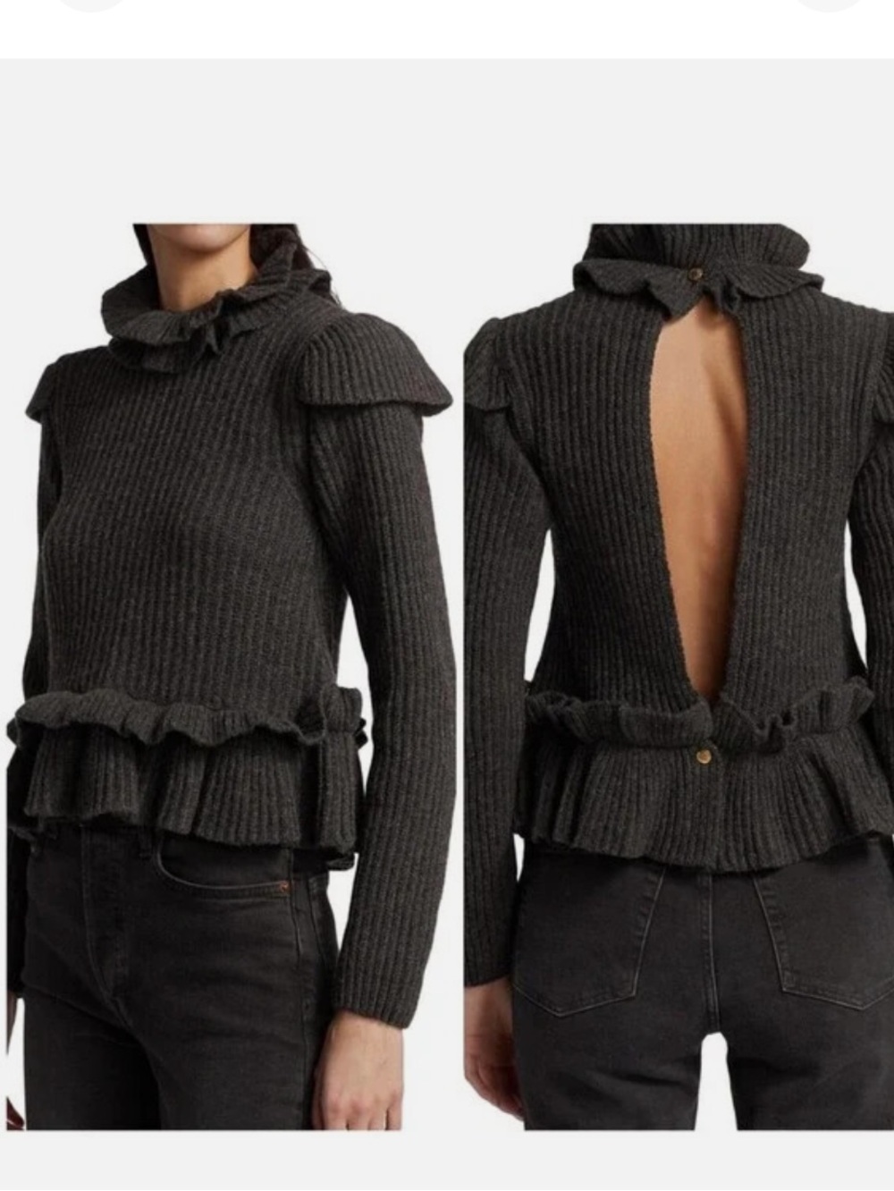 NWT GANNI Cutout Ruffled Ribbed SMALL Wool Blend Sweater Peplum Dark Gray